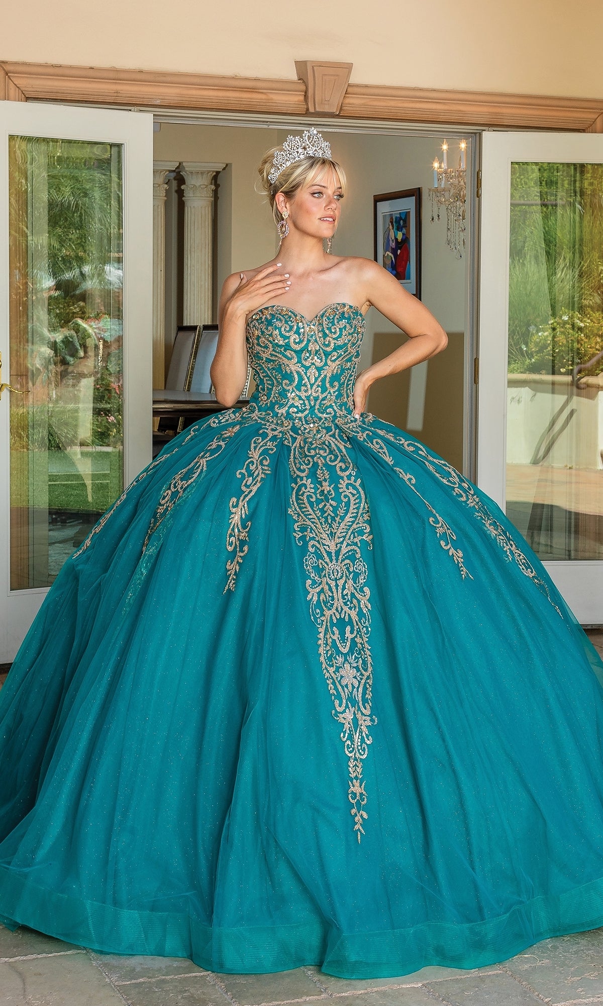 teal and gold dress Elegant Lace with Embroidery Luxury Evening Style & Timeless Glam Look #lacedress The dramatic great sleeves are trimmed with the wide gold braid at the elbow Teal & Gold Princess Jasmine