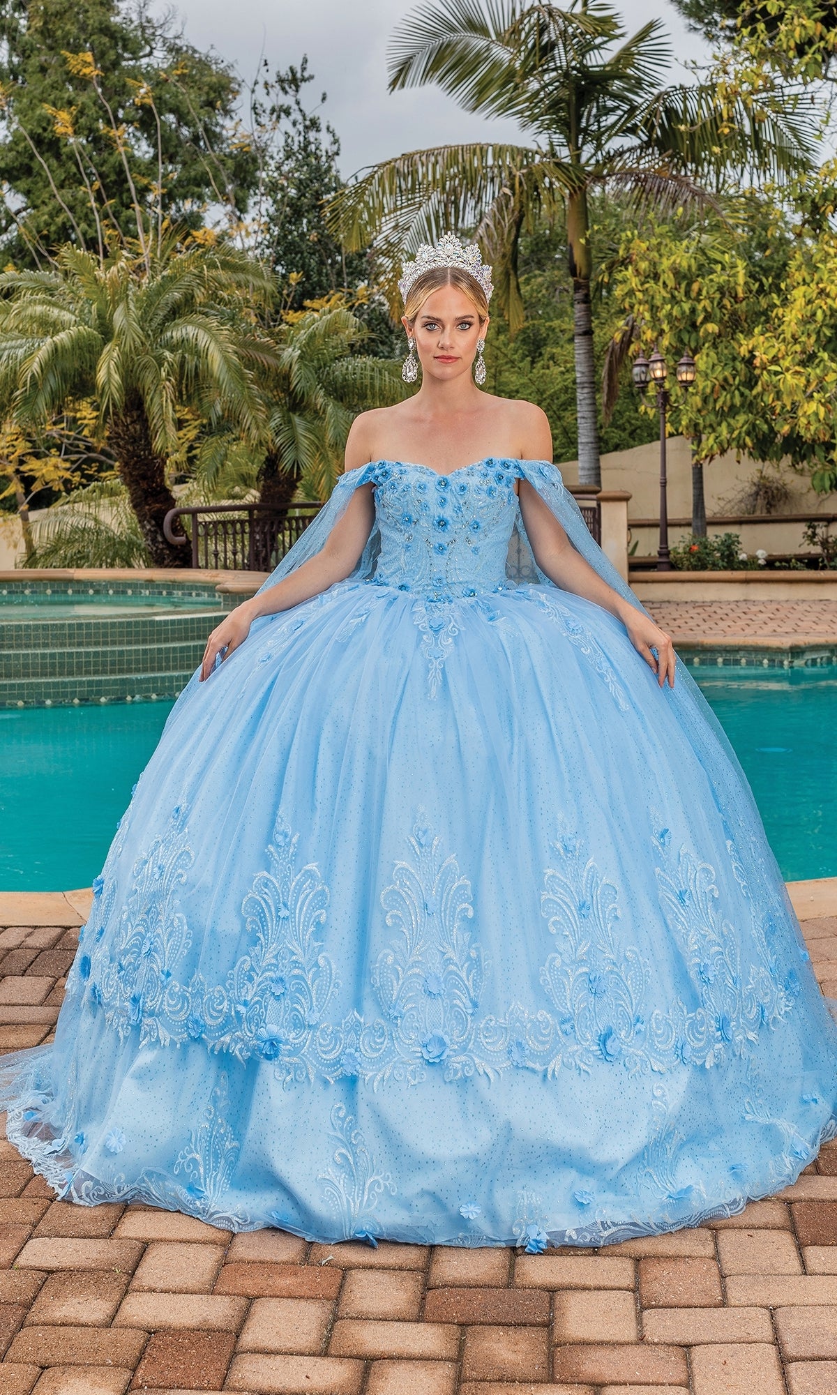 Long Quinceanera Ball Gown with Sheer Cape Sleeves Teal Green / 3XLarge Long Quinceanera Ball Gown with Sheer Cape Sleeves Teal Green / 3XLarge