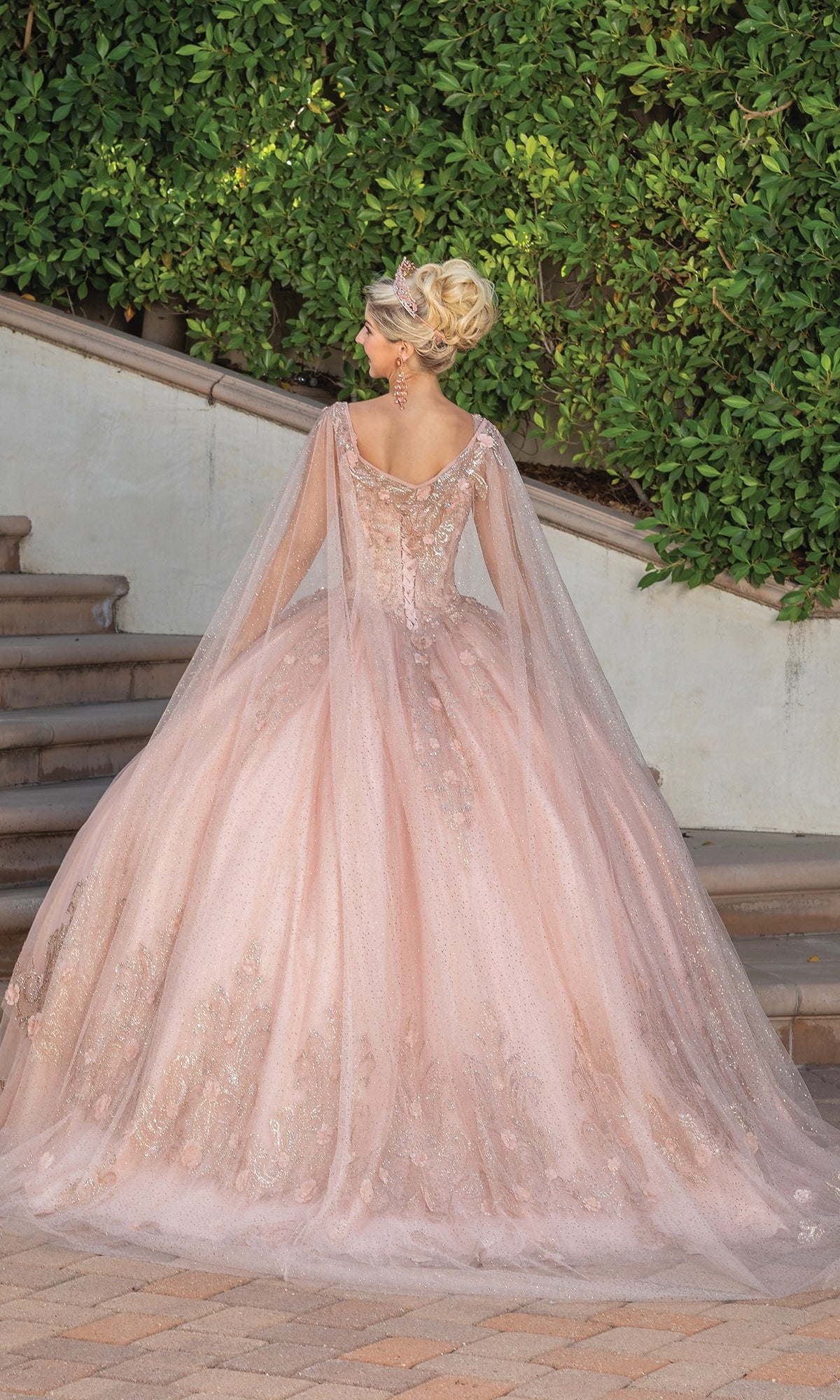 Long Quinceanera Ball Gown with Sheer Cape Sleeves Teal Green / 3XLarge Long Quinceanera Ball Gown with Sheer Cape Sleeves Teal Green / 3XLarge