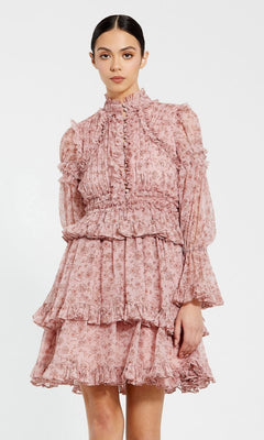 Pink Long Sleeve Mock Neck Ruffle Mini Dress