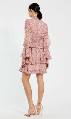 Ieena for Mac Duggal - Pink Long Sleeve Mock Neck Ruffle Mini Dress