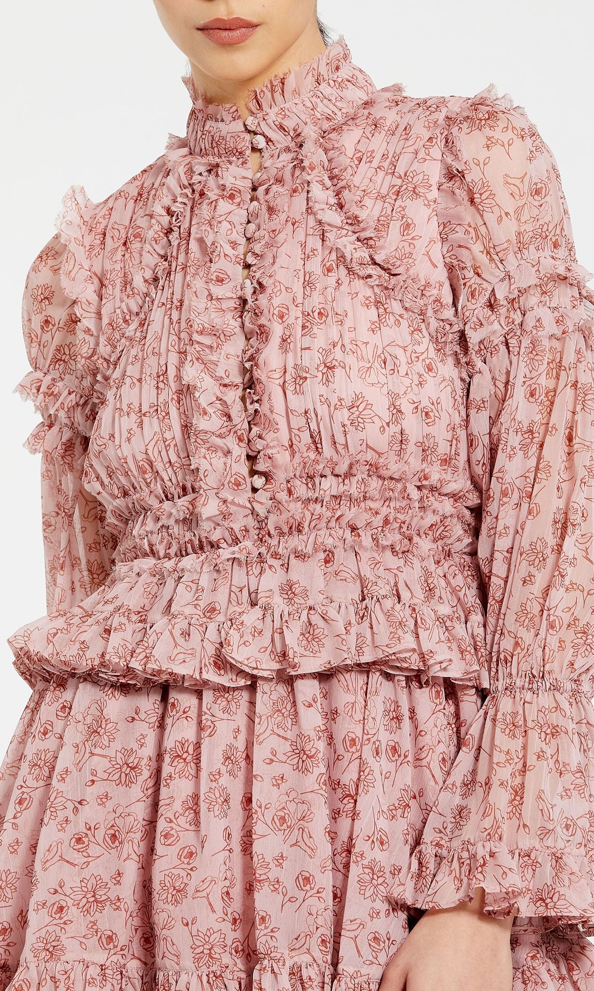 Pink Long Sleeve Mock Neck Ruffle Mini Dress