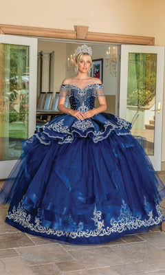 dama dresses navy blue V Neck Dark Navy Blue Floral Long Prom Dresses, Dark Blue Lace Formal jbydress