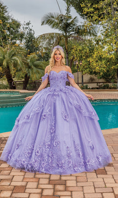 A woman stands by a pool wearing the Quinceanera Dress 1788 By Dancing Queen, an ornate lavender ball gown with off-the-shoulder straps, floral embroidery, and a matching tiara.