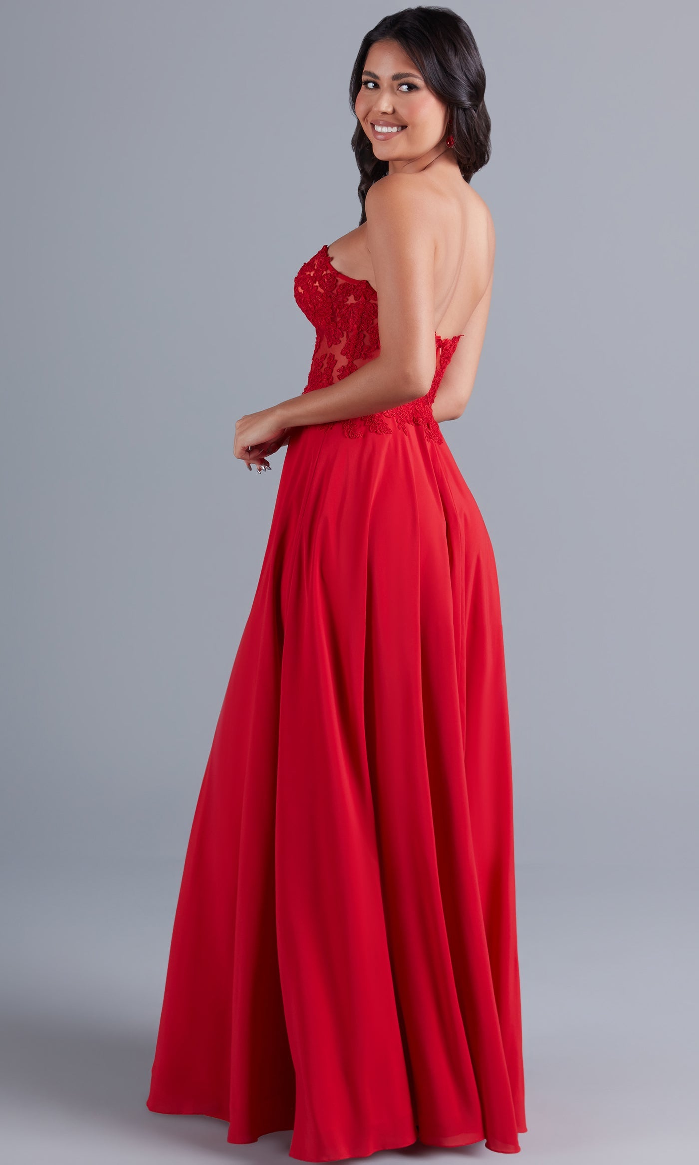 Long Red Sheer-Bodice Prom Dress by PromGirl