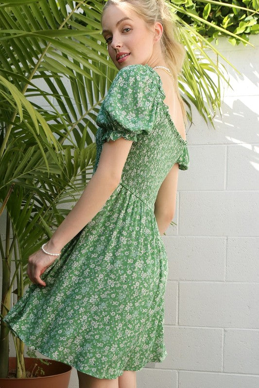 Short Sleeve Green Floral Casual Dress FGDR22L003