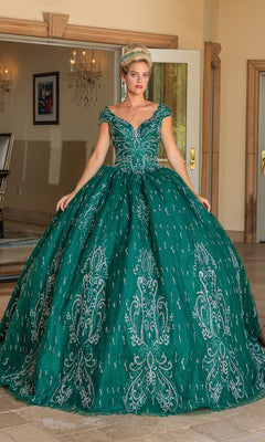 A woman stands indoors wearing the Quinceanera Dress 1805 By Dancing Queen, featuring hunter green fabric, intricate silver embroidery, a sweetheart neckline, and a full, voluminous skirt.