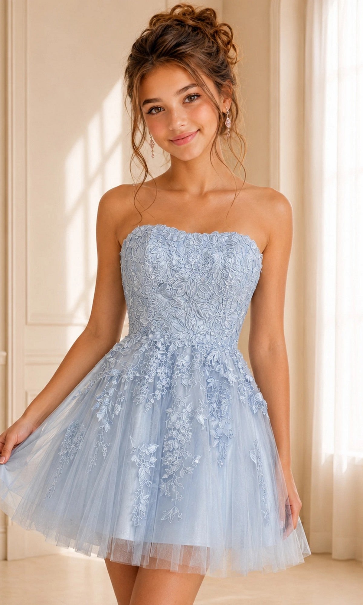 Strapless Short Homecoming Dress with Floral Lace – PromGirl