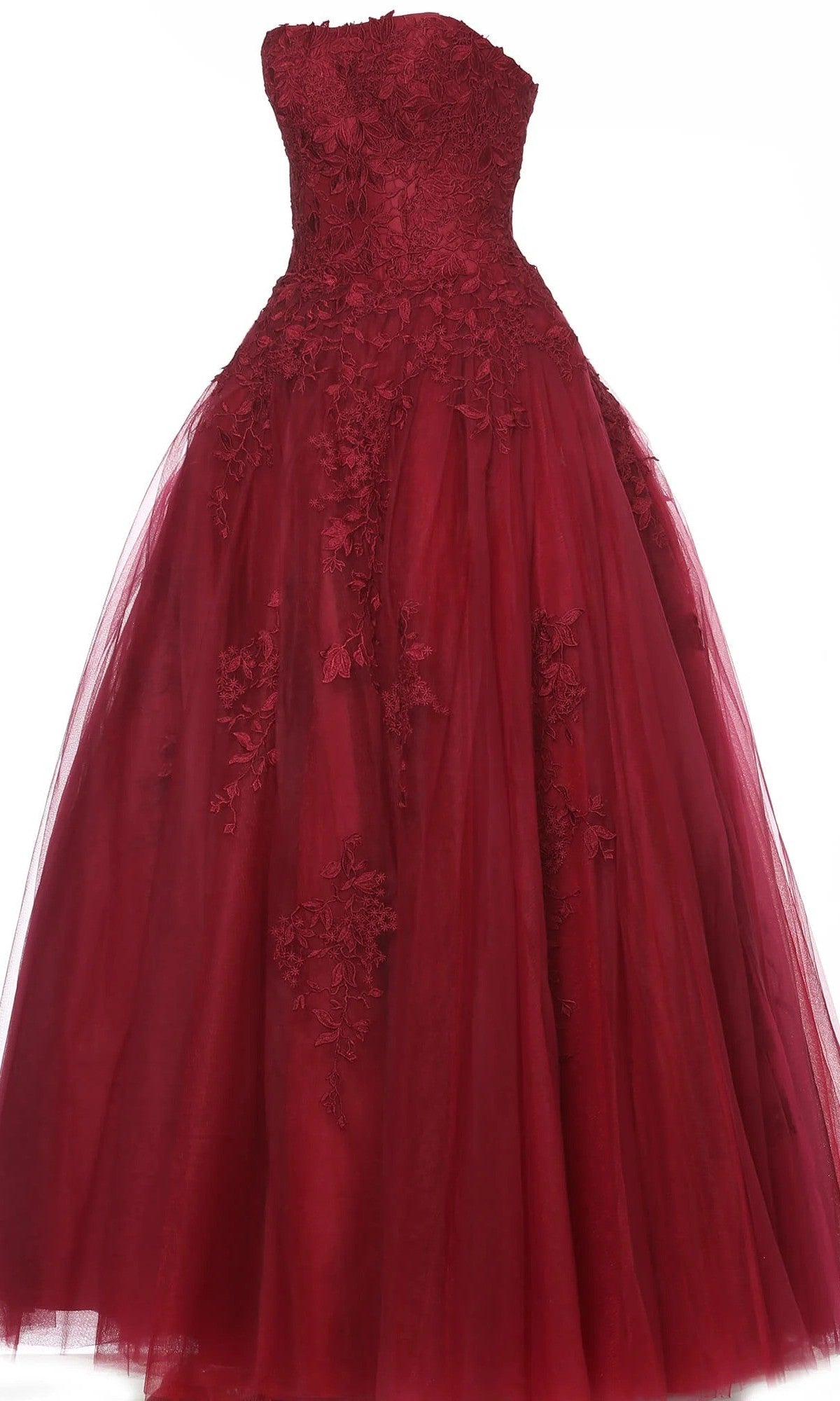 Long formal dress: Jovani 1831 in burgundy, featuring a strapless design, exquisite floral lace embroidery, and a full tulle skirt.