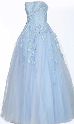 Long Formal Dress: Jovani 1831 in light blue, a strapless ballgown featuring exquisite floral lace embroidery and a full tulle skirt, displayed against a plain white background.