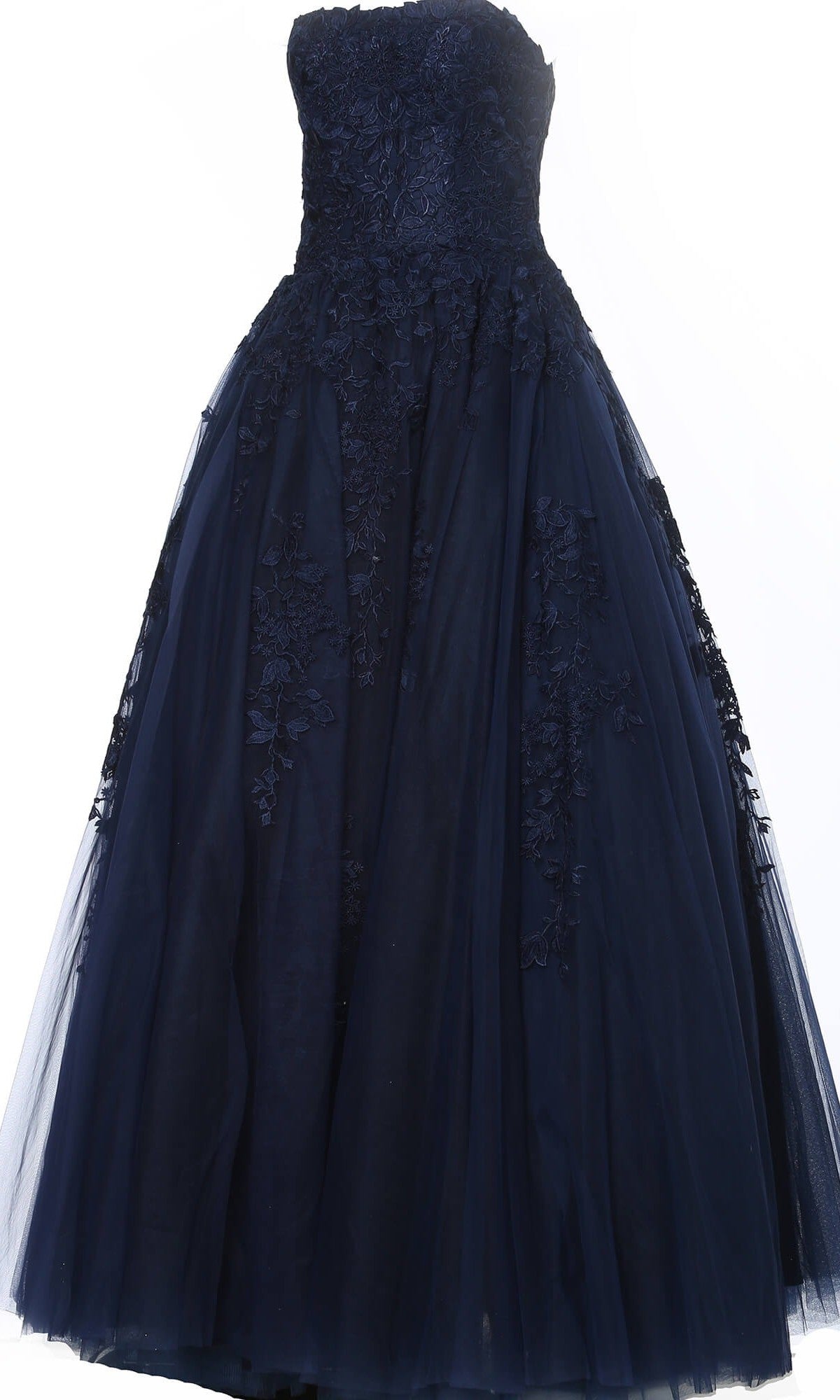 Long Formal Dress: Jovani 1831 is a strapless navy gown with a fitted lace bodice and a full tulle skirt adorned with delicate floral applique details, offering an elegant choice for those seeking a lace applique dress.