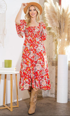 Floral Print A-Line Casual Midi Dress Red Combo / XLarge Floral Print A-Line Casual Midi Dress Red Combo / XLarge