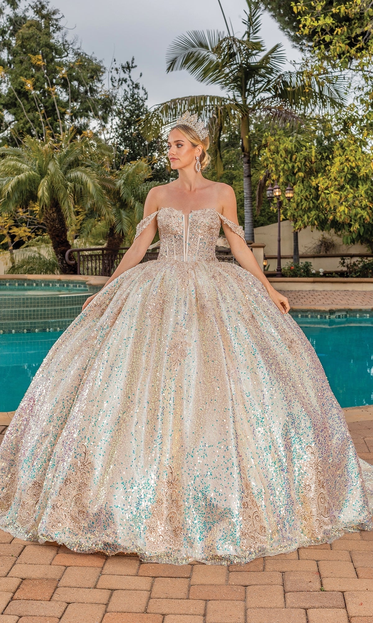 Dancing Queen 1854 Long Quinceanera Dress Multi Champagne / XLarge