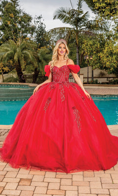 A woman in the Quinceanera Dress 1873 By Dancing Queen, featuring burgundy off-shoulder puff sleeves and beaded details, stands by a swimming pool wearing a tiara and smiling.