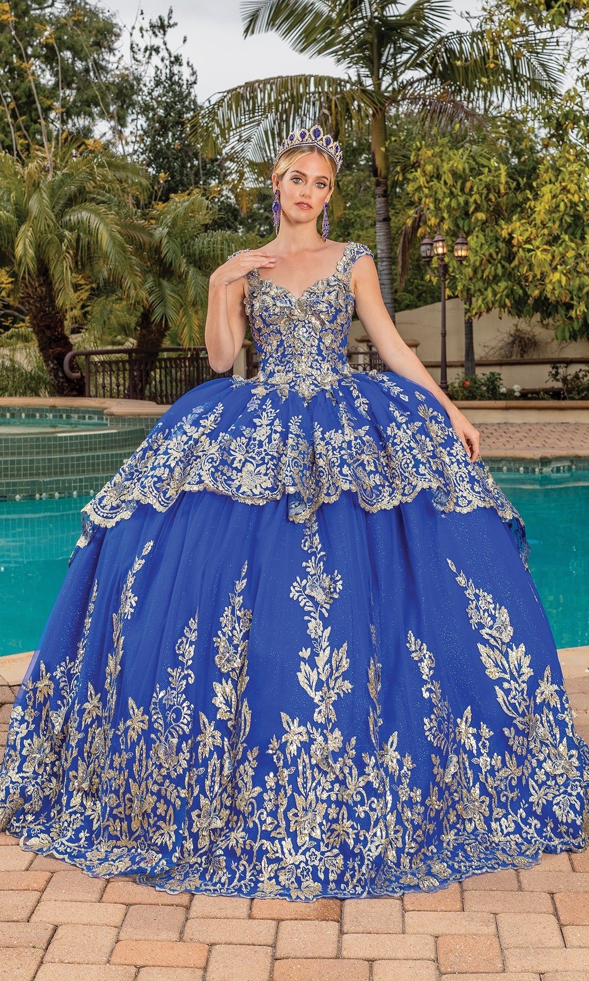 Dancing Queen 1881 Long Quinceanera Dress Royal Blue/Gold / XSmall Dancing Queen 1881 Long Quinceanera Dress Royal Blue/Gold / XSmall