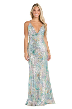 A woman wears the Morgan 19058 seaglass cowl-neck long sequin prom dress, a sleeveless, floor-length style perfect as a junior-size formal gown.
