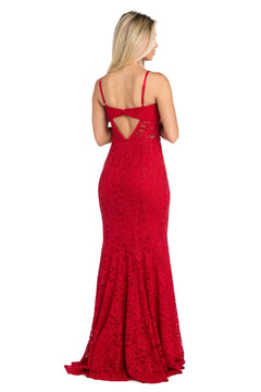 A woman stands with her back to the camera, wearing the Long Red Lace Prom Dress: Morgan 19069, featuring thin straps and a cut-out back detail.