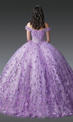 A person with long dark hair is seen from the back wearing the Quinceanera Dress 1908 By Dancing Queen, a floor-length lavender gown featuring an off-the-shoulder design, sparkling sequin floral details, and delicate 3D floral appliques.