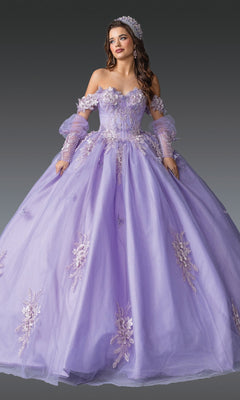 A woman in the Quinceanera Dress 1914 By Dancing Queen, featuring a light purple hue, corset bodice, floral embroidery, and matching headpiece, stands against a gray background.