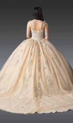 A person is shown from the back in the Quinceanera Dress 1915 By Dancing Queen, featuring an ornate light gold design with a corset bodice and floral embellishments, set against a gray background.