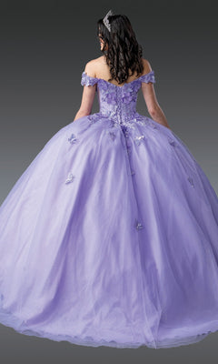 A woman faces away against a gray background, wearing the Quinceanera Dress 1917 by Dancing Queen—a floor-length, off-the-shoulder lilac gown with butterfly details.