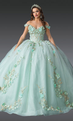 A woman wears the Quinceanera Dress 1918 By Dancing Queen, an off-the-shoulder mint green ball gown with a corset bodice and floral appliques, paired with a jeweled tiara, against a neutral gradient background.