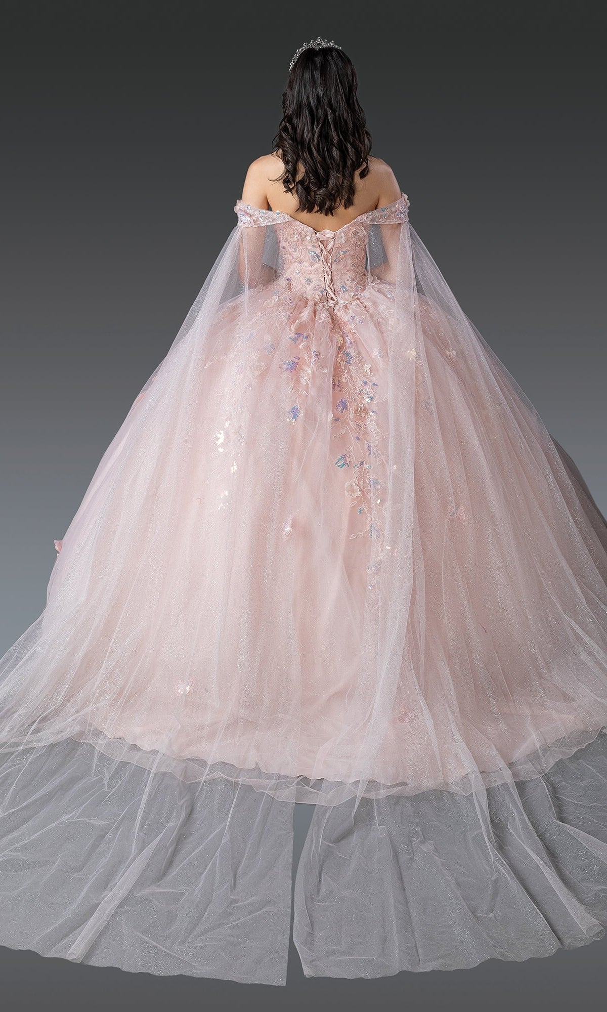 A woman shown from the back wears Quinceanera Dress 1919 by Dancing Queen—an off-the-shoulder, light pink gown with 3D flowers and a long glitter tulle train.