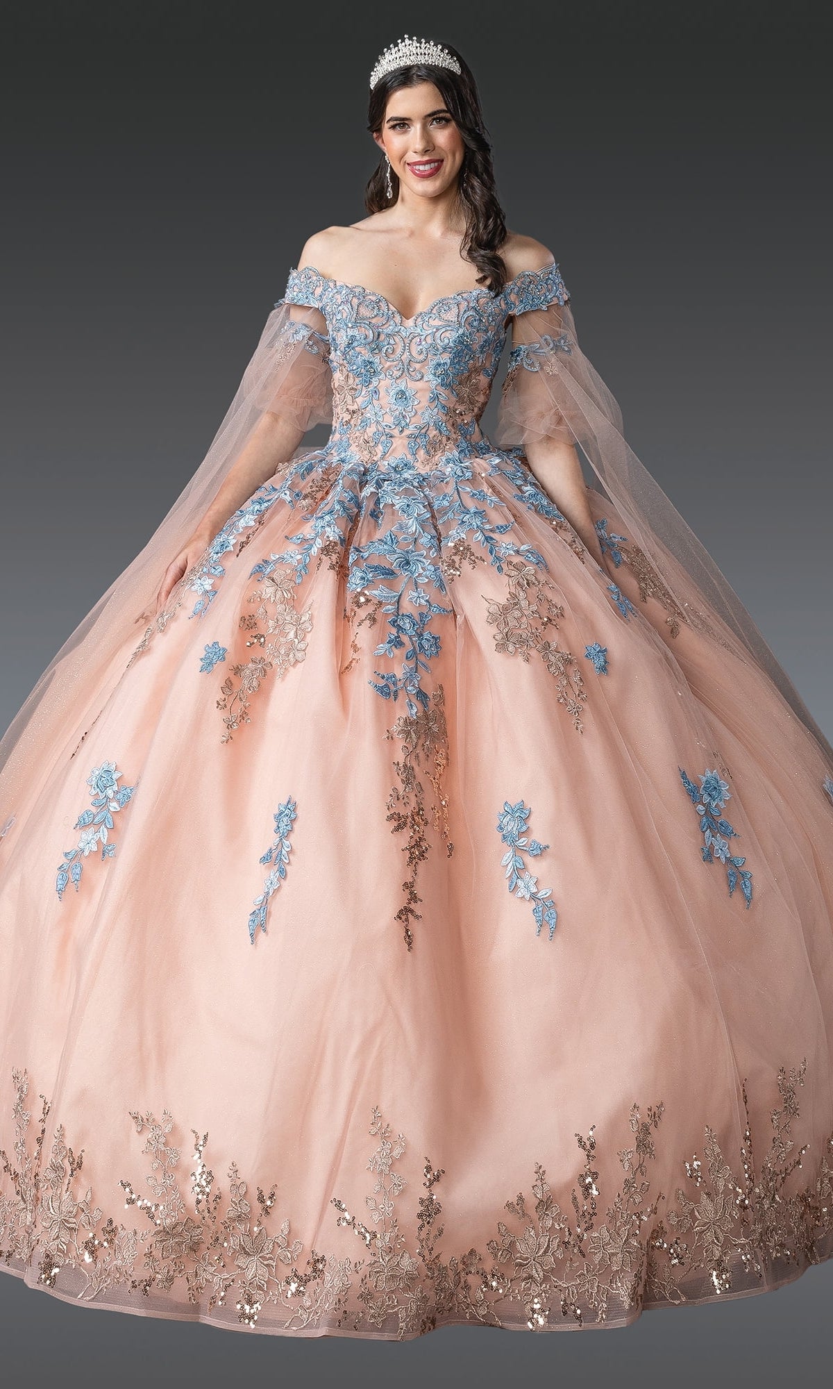 Dancing Queen 1921 Long Quinceanera Dress Rose Gold/Bahama Blue / XLarge Dancing Queen 1921 Long Quinceanera Dress Rose Gold/Bahama Blue / XLarge