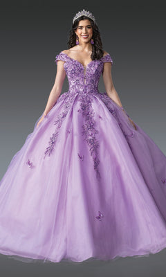 A woman in the Light Purple Quinceanera Dress 1923 by Dancing Queen, featuring floral embroidery and a tiara, smiles against a plain gray background.