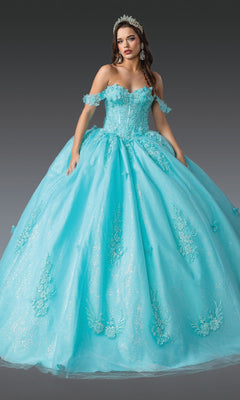 A woman in the Blue Quinceanera Dress 1930 By Dancing Queen, featuring a sparkling light blue corset bodice and off-the-shoulder sleeves, stands gracefully against a gray background, wearing a tiara.