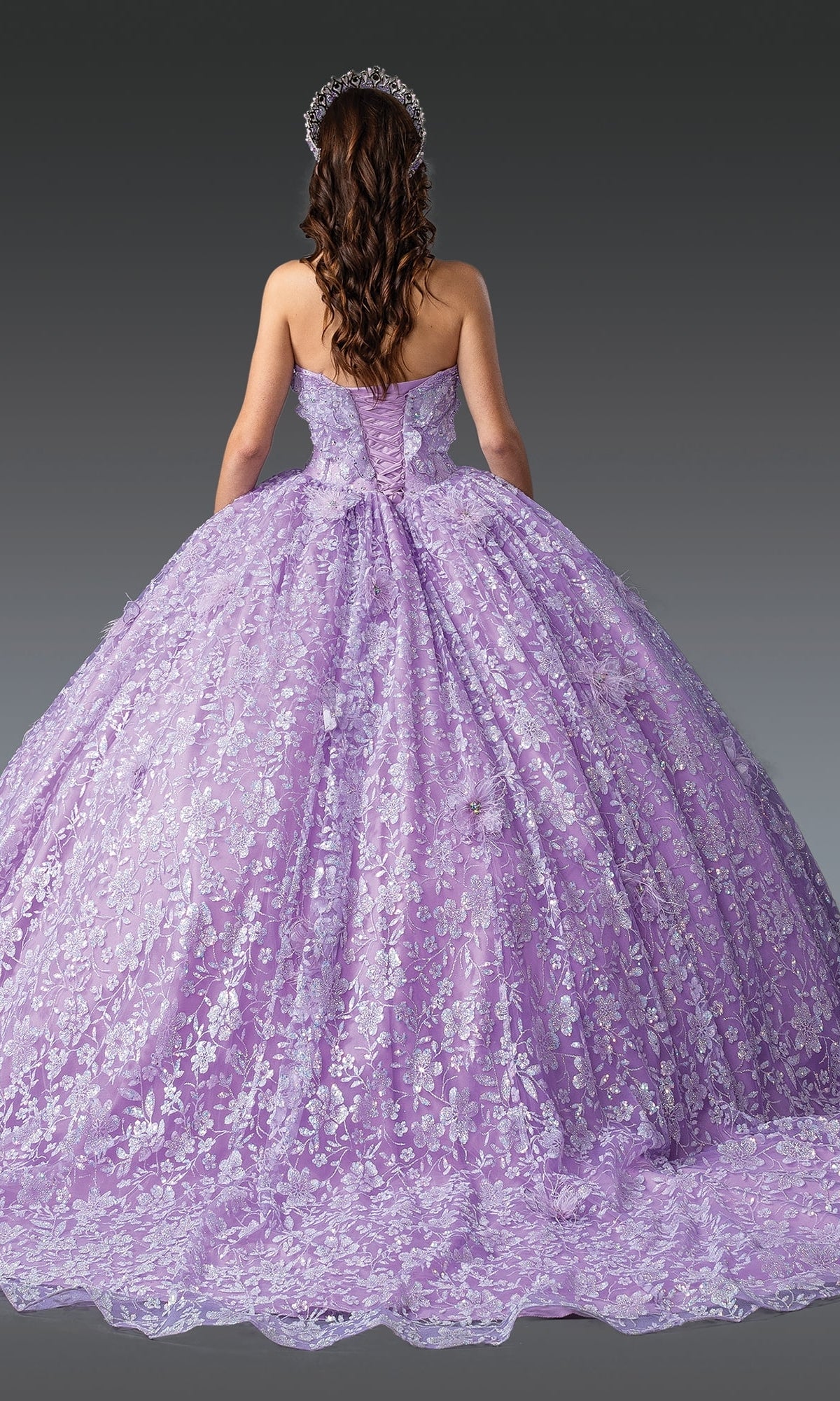 A woman with long brown hair models the Quinceanera Dress 1940 By Dancing Queen—a strapless lilac gown with silver floral patterns and 3D flowers, plus a matching tiara—shown from the back against a gray background.