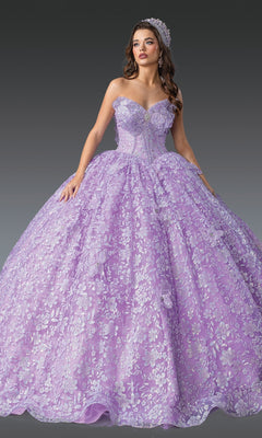 A woman in the Quinceanera Dress 1940 By Dancing Queen—strapless, lilac purple with silver floral details and 3D flowers—wears a jeweled tiara while posing against a gray background.