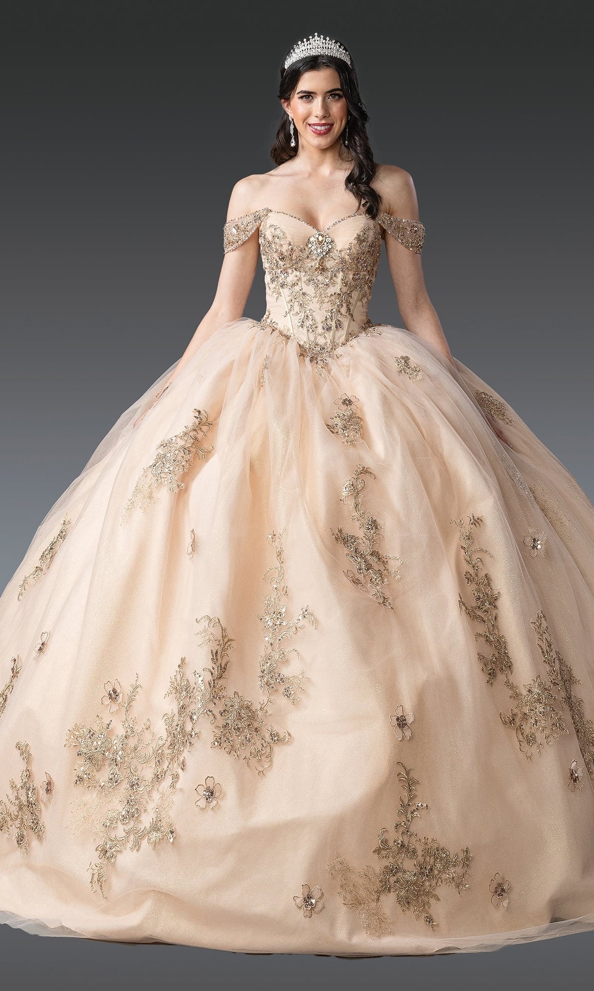 A woman stands against a dark background wearing the Quinceanera Dress 1943 By Dancing Queen—an off-the-shoulder ball gown with floral appliqué and glitter tulle, paired with a tiara for an elegant, regal look.