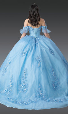 A woman with long dark hair is shown from the back against a gray background wearing the Quinceanera Dress 1944 By Dancing Queen—a floor-length, off-the-shoulder light blue ball gown with floral applique and a corset bodice.