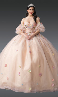 A woman in the Quinceanera Dress 1946 By Dancing Queen—an off-the-shoulder, light pink ball gown with a corset bodice and colorful flower appliques—wears a tiara and stands against a gray background.
