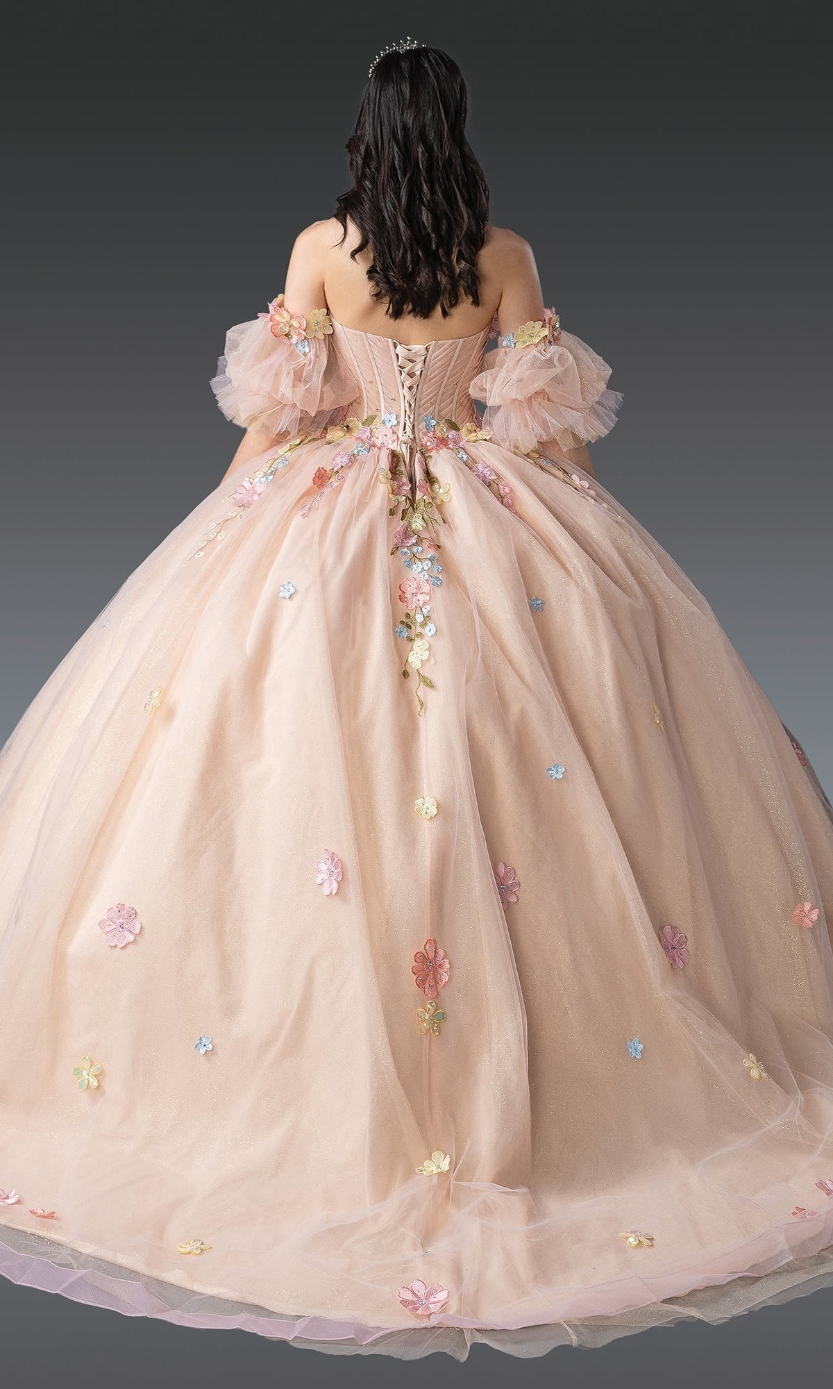 A woman is seen from the back in the Quinceanera Dress 1946 By Dancing Queen, a light pink ball gown featuring flower appliques, off-the-shoulder puff sleeves, and a corset bodice, set against a gray background.