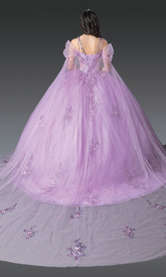 A person wearing the Quinceanera Dress 1947 By Dancing Queen, a floor-length lavender gown with a lace embroidered bodice, sheer off-shoulder sleeves, and floral embellishments on the skirt, viewed from the back.