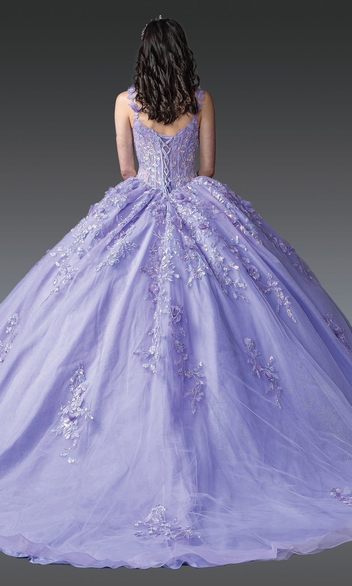 A person with long, dark hair is seen from the back wearing the Quinceanera Dress 1948 By Dancing Queen, a lavender ball gown with a corset bodice and delicate floral embroidery, set against a gray background.