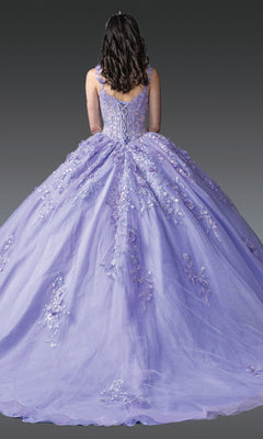 A person with long, dark hair is seen from the back wearing the Quinceanera Dress 1948 By Dancing Queen, a lavender ball gown with a corset bodice and delicate floral embroidery, set against a gray background.