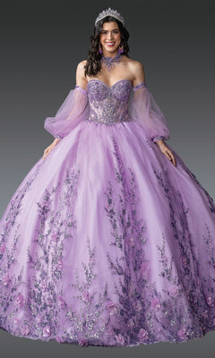 A woman smiles against a gray background, wearing Quinceanera Dress 1953 By Dancing Queen in lilac purple with sparkly floral embellishments, sheer sleeves, and a tiara.