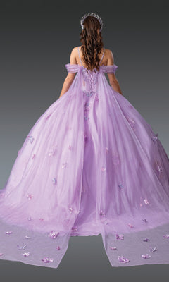A woman with long brown hair is shown from the back against a gray background, wearing Quinceanera Dress 1954 By Dancing Queen—a floor-length lavender gown with off-shoulder sleeves, floral appliqués, a lace corset bodice, and a crown.