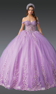 A woman wears the Quinceanera Dress 1955 By Dancing Queen, an off-the-shoulder lavender gown with a full ball skirt, floral lace embroidery, and a matching headpiece, standing against a gray background.