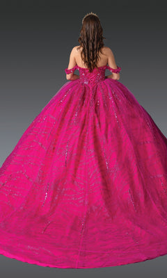 A woman stands with her back to the camera in the Hot Pink Quinceanera Dress 1957 By Dancing Queen, a strapless ball gown with a corset bodice and sparkling details, set against a gray background.