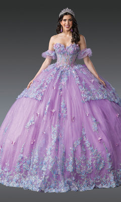 A woman in Quinceanera Dress 1961 by Dancing Queen, a lilac purple gown with a corset bodice, floral details, and butterflies, accessorized with a tiara and earrings, stands against a gray background.