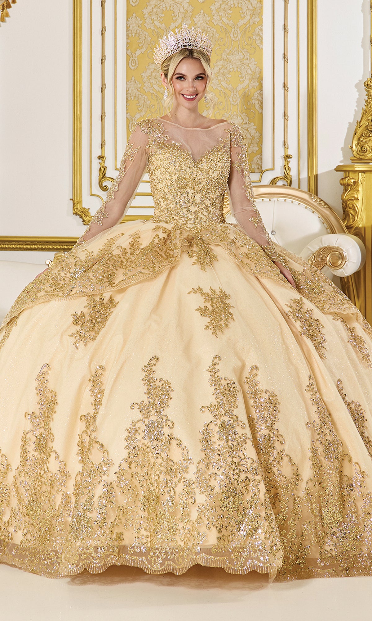 Dancing Queen 1968 Long Quinceanera Dress Gold / XSmall Dancing Queen 1968 Long Quinceanera Dress Gold / XSmall