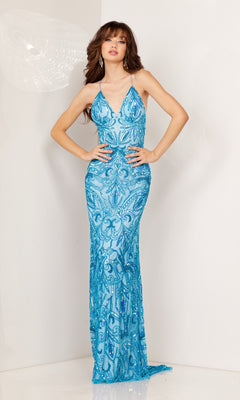A woman poses against a white background in the Aleta Empire-Waist Long Sequin-Print Prom Dress, featuring a fitted, sleeveless blue silhouette with spaghetti straps and intricate sequin detailing.