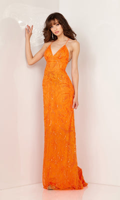 A woman models the Long Sequin-Print Prom Dress with Strappy Open Back, a formal orange gown with sequins and a deep V-neckline, standing against a plain light-colored background.