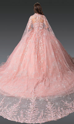 A person wearing the Quinceanera Dress 1970 By Dancing Queen, featuring pink 3D flowers and a long, sheer embroidered train, is seen from the back against a dark background.
