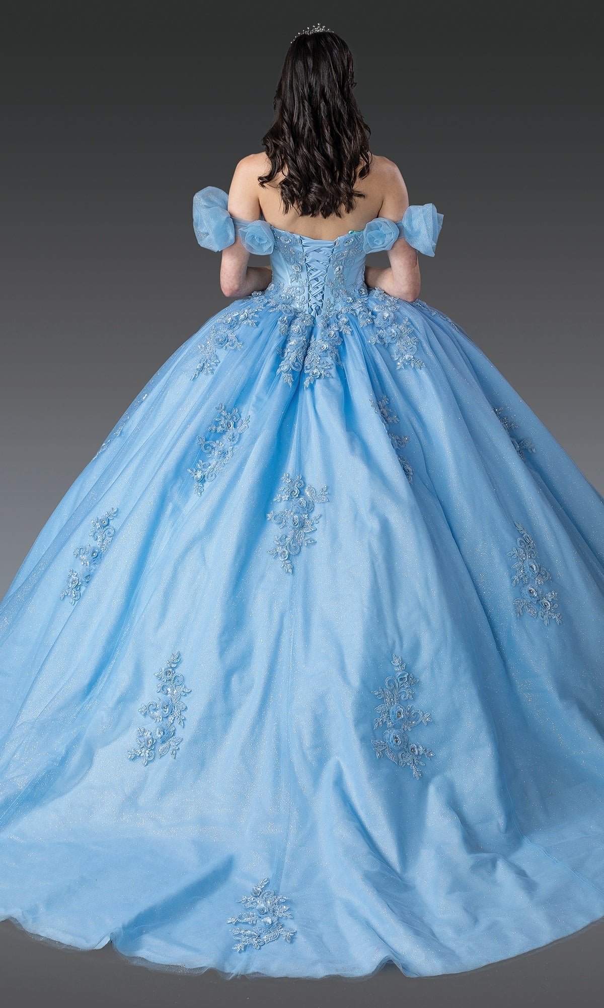 A woman with long dark hair, photographed from the back against a gray background, wears Dancing Queen's Quinceanera Dress 1976—a light blue ball gown with off-the-shoulder sleeves, lace embroidery, and a tiara for a fairytale look.