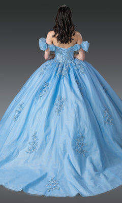 A woman with long dark hair, photographed from the back against a gray background, wears Dancing Queen's Quinceanera Dress 1976—a light blue ball gown with off-the-shoulder sleeves, lace embroidery, and a tiara for a fairytale look.